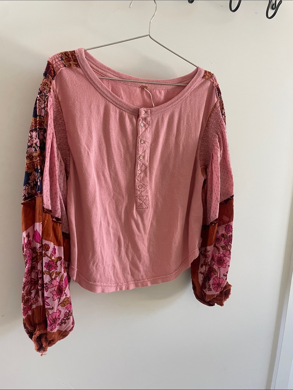 Free People Rose Patchwork Balloon Sleeve Henley
